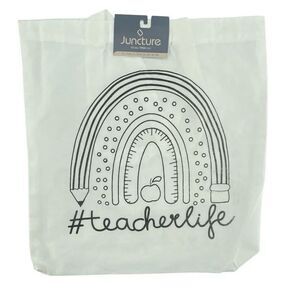 #TeacherLife White Canvas Tote Bag Rainbow Pencil & Ruler Apple NWT 14x15.75in
